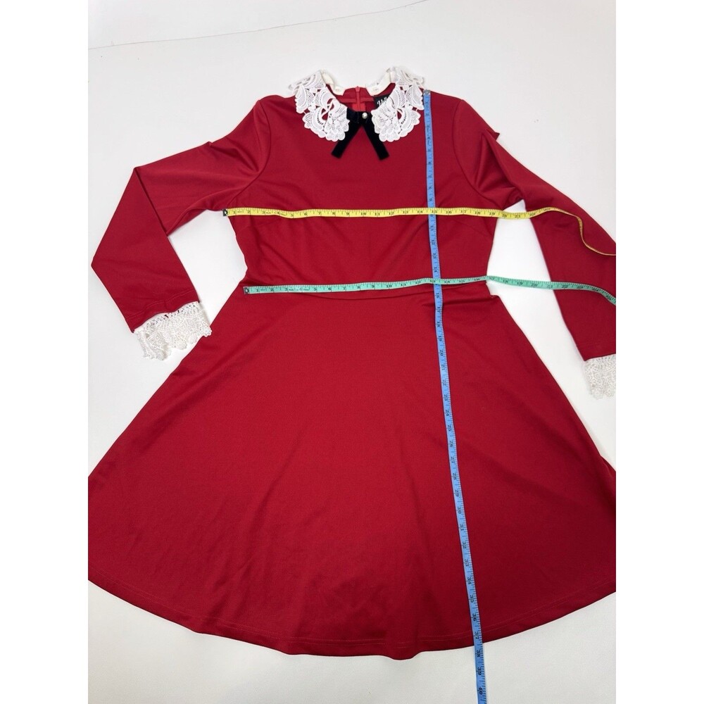 Hell Bunny Ricci Dress Deep Red Lace Collar Pin Up Rockabilly Red Large Goth Bow - Picture 8 of 16